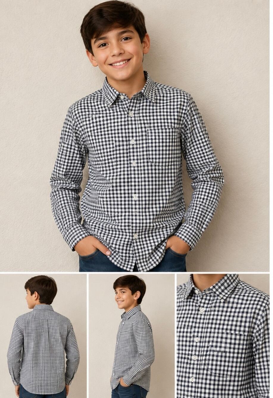 Class Club Boys 10/12 Plaid Button Down Shirt Navy Green White 100% Cotton